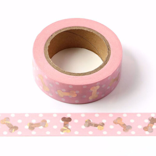 Pink Washi Tape with Silver Foil Cute Dog Bones 15mm x 10m