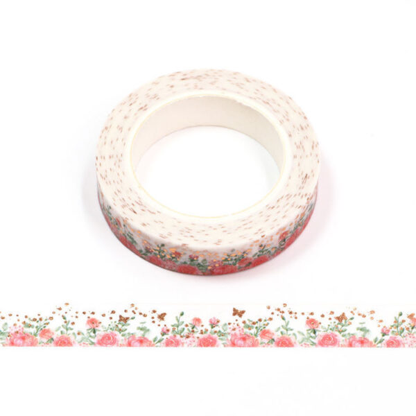 Pink Rose and Gold Butterfly Foil Floral Washi Tape 10mm x 10m